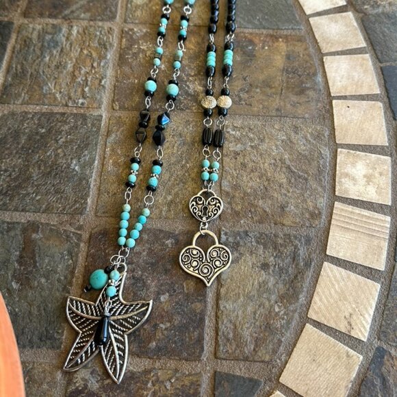 NEW - Hand Crafted Pair of Necklaces - Turquoise, Black & Silver Tones - Picture 6 of 10